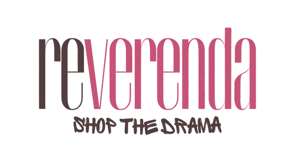 Text 'reverenda' and 'Shop The Drama' on a textured beige background

